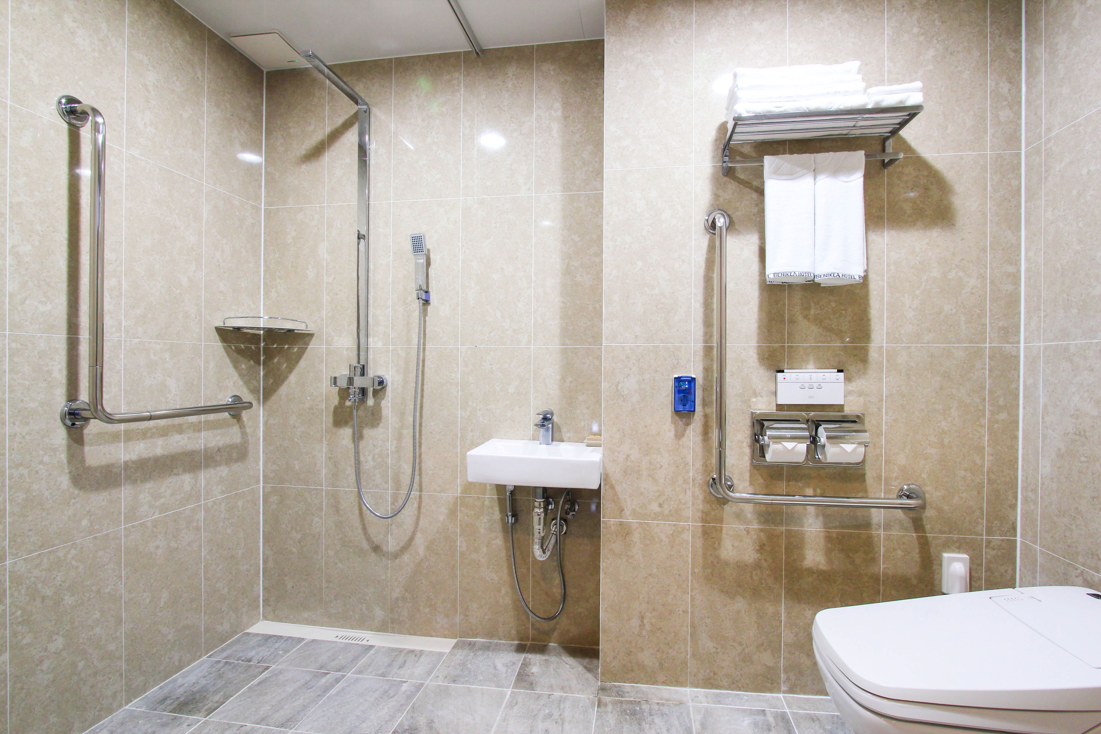 A bathroom with a shower, grab bars, a sink, and a toilet.