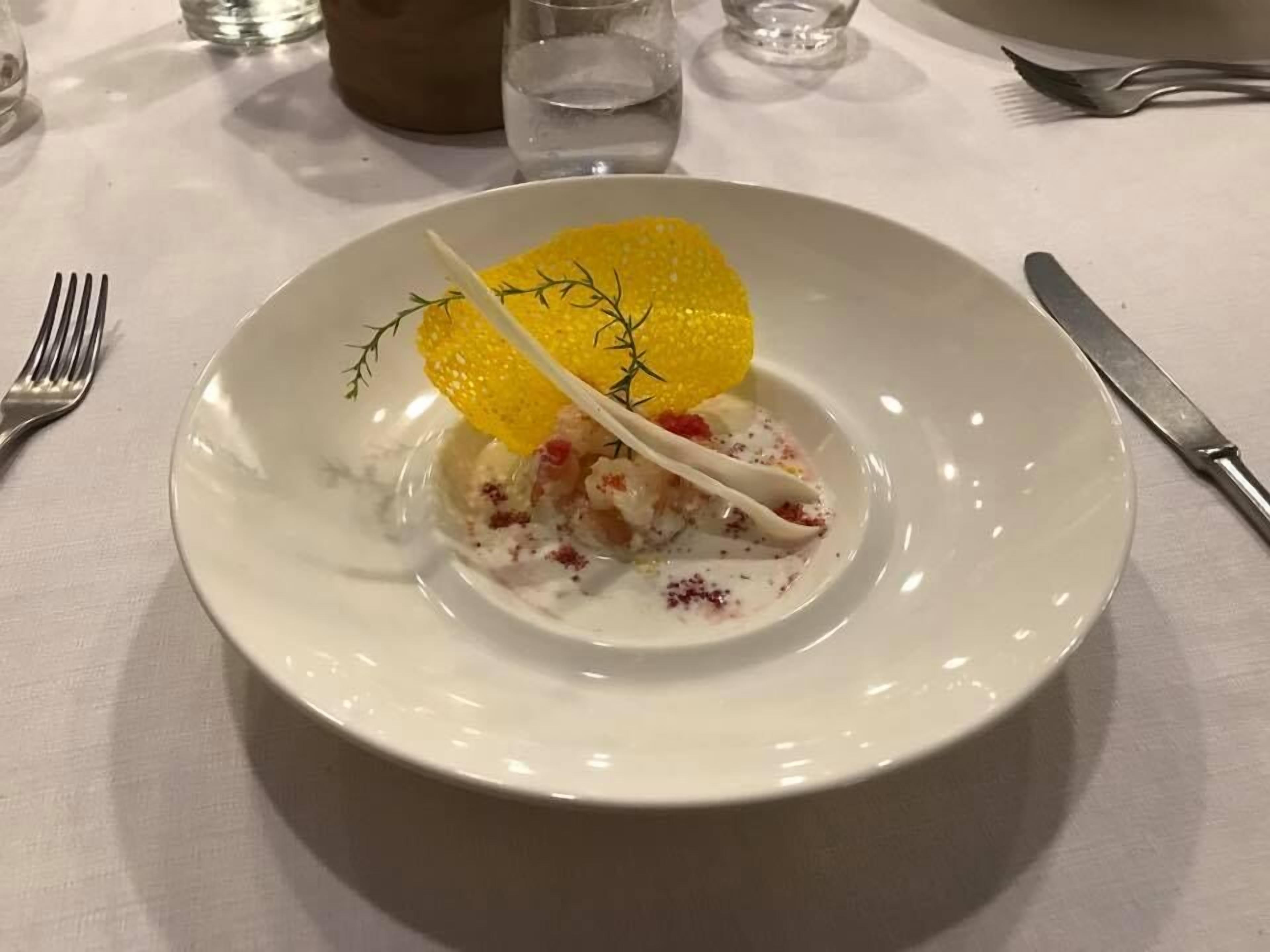 En hvid tallerken med dessert, der indeholder et gult element, muligvis en frugt eller grøntsag, samt en hvid sauce med røde prikker.