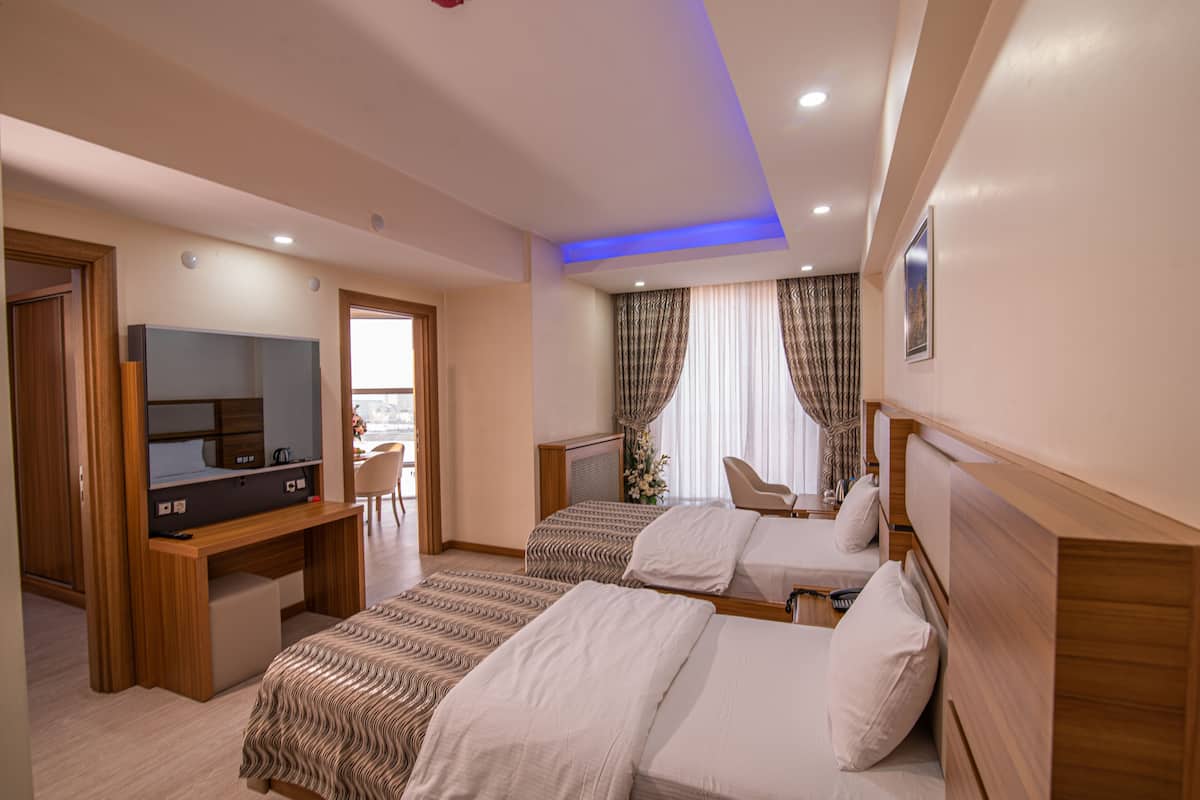 A hotel room with two beds, a desk, a TV, and a view of the city.