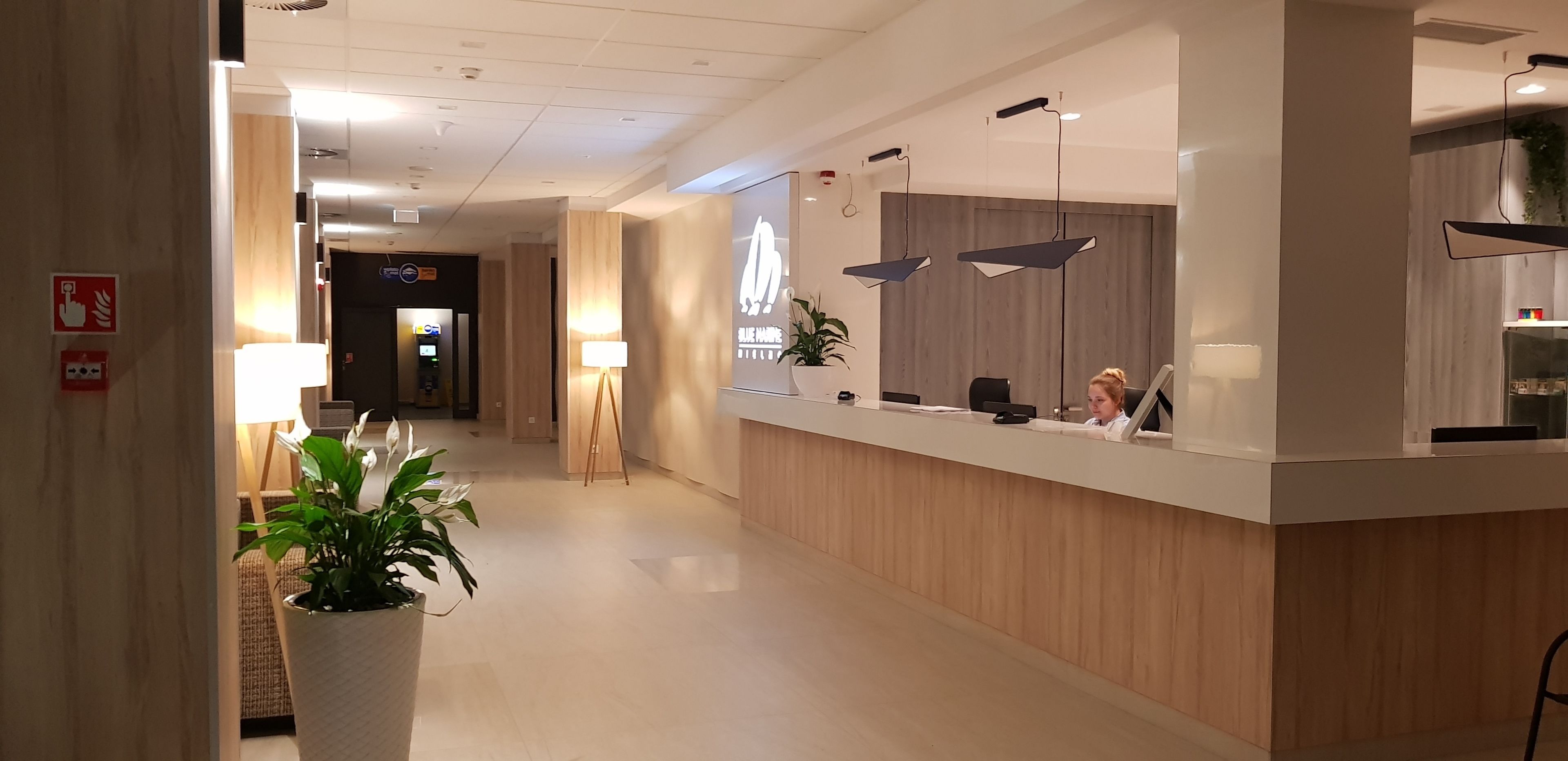 A modern hotel reception area with a wooden reception desk, a large potted plant, and a clean, well-lit interior.