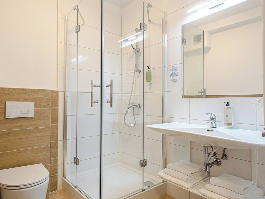 A modern bathroom with a glass-enclosed shower, a white sink, and a mirror above it.
