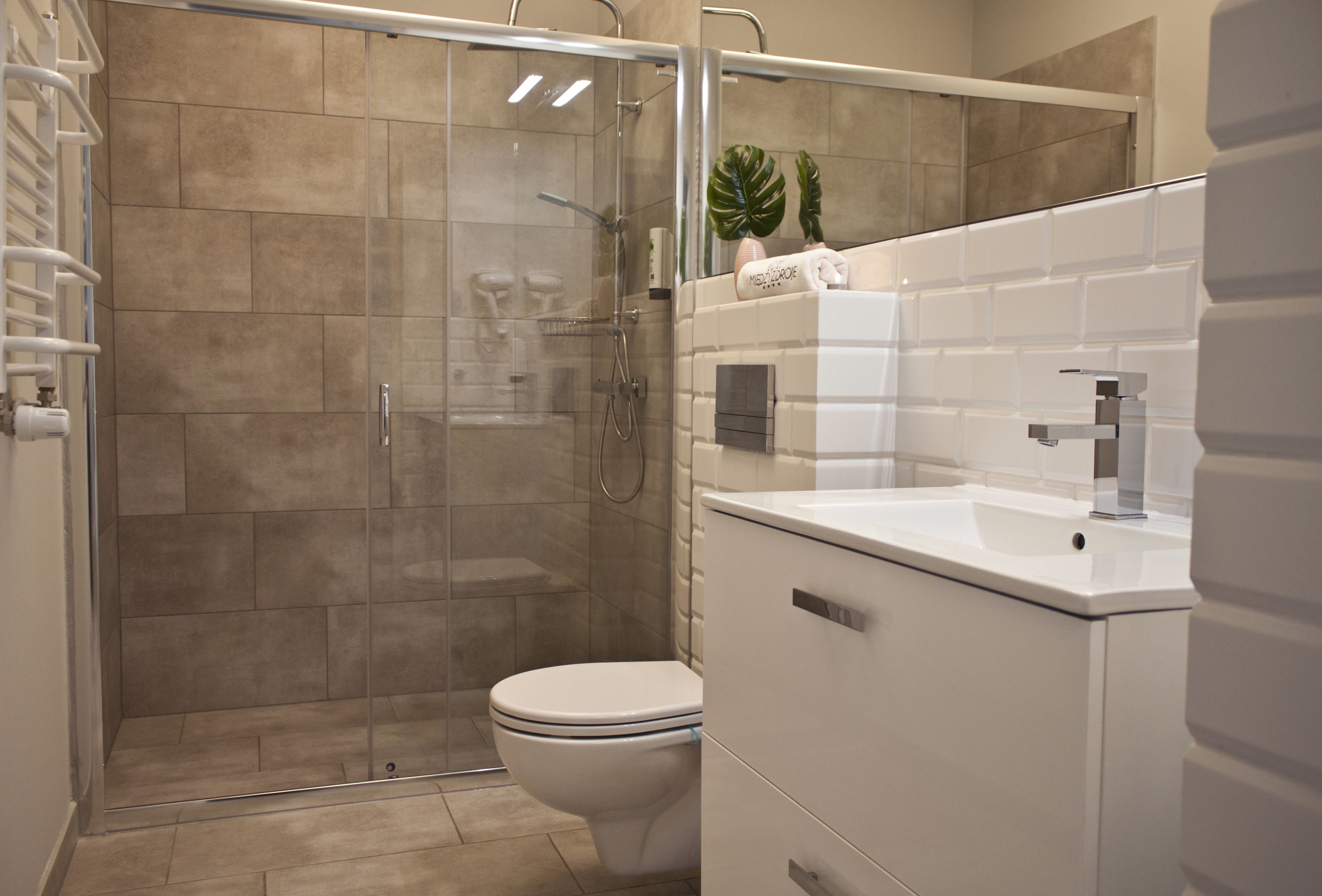 A modern bathroom with a glass-enclosed shower, a white toilet, and a white sink with a mirror above it.