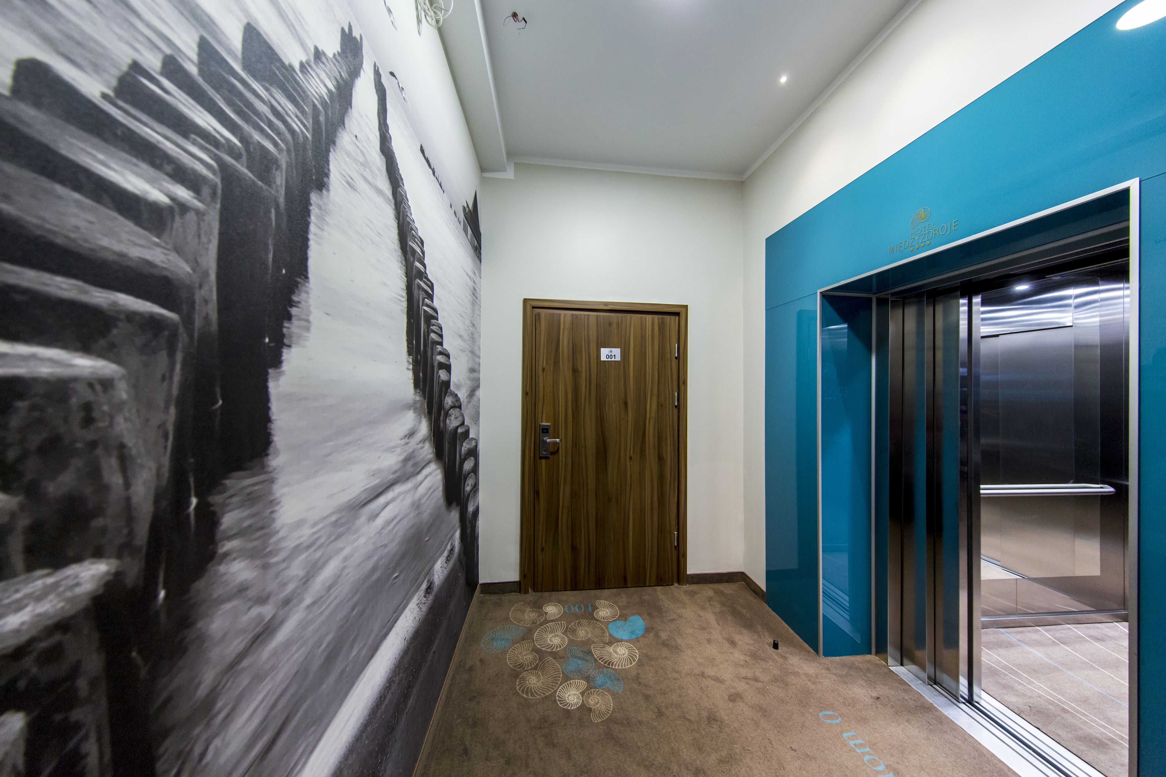 Un pasillo con una puerta de madera, una pared azul y un ascensor.