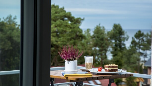A table with a book, a glass of beer, a slice of cake, and a potted plant. - Aparthotel Miedzyzdroje (Miedzyzdroje)
