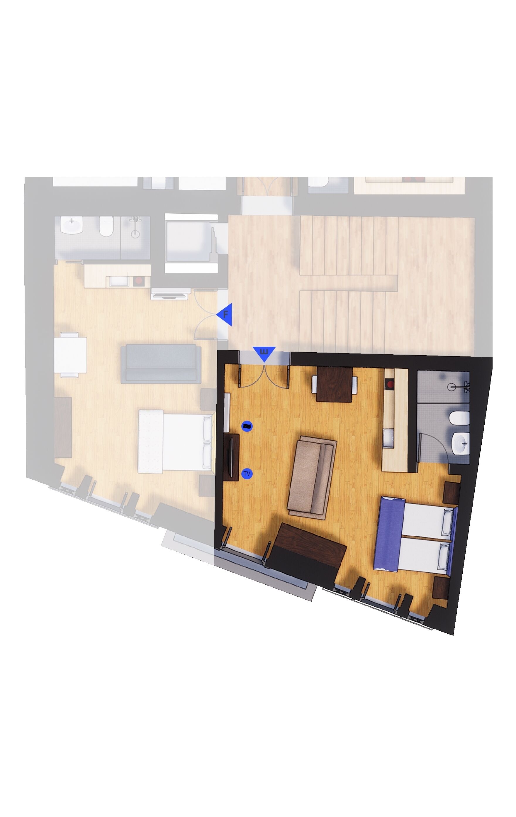 Un plan d’aménagement de chambre d’hôtel comprenant un lit, une télévision, un coin salon et une salle de bain.