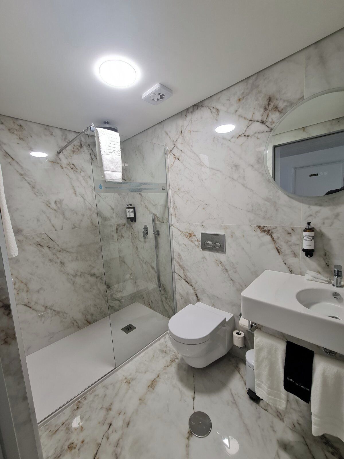 A modern bathroom with a glass-enclosed shower, a white toilet, and a vanity with a mirror.