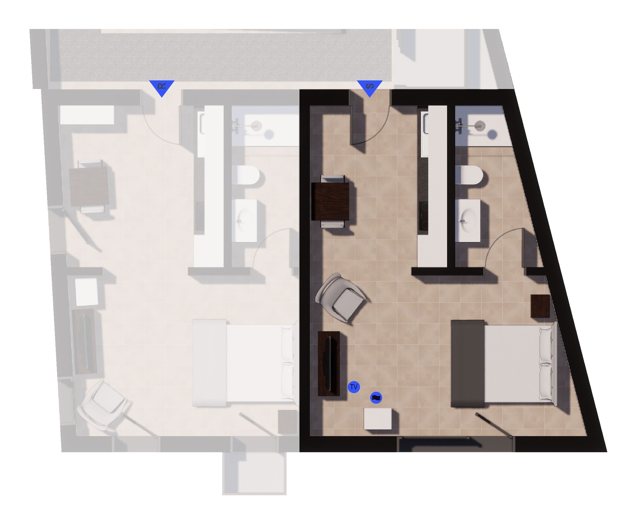 A hotel room layout with a bed, a desk, a chair, a TV, and a bathroom.