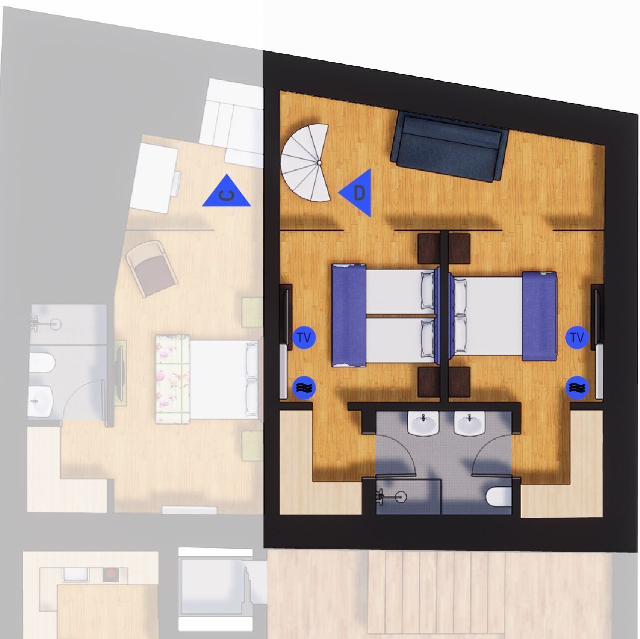 deluxe loft, 2 bedrooms, shared bathroom | floor plan