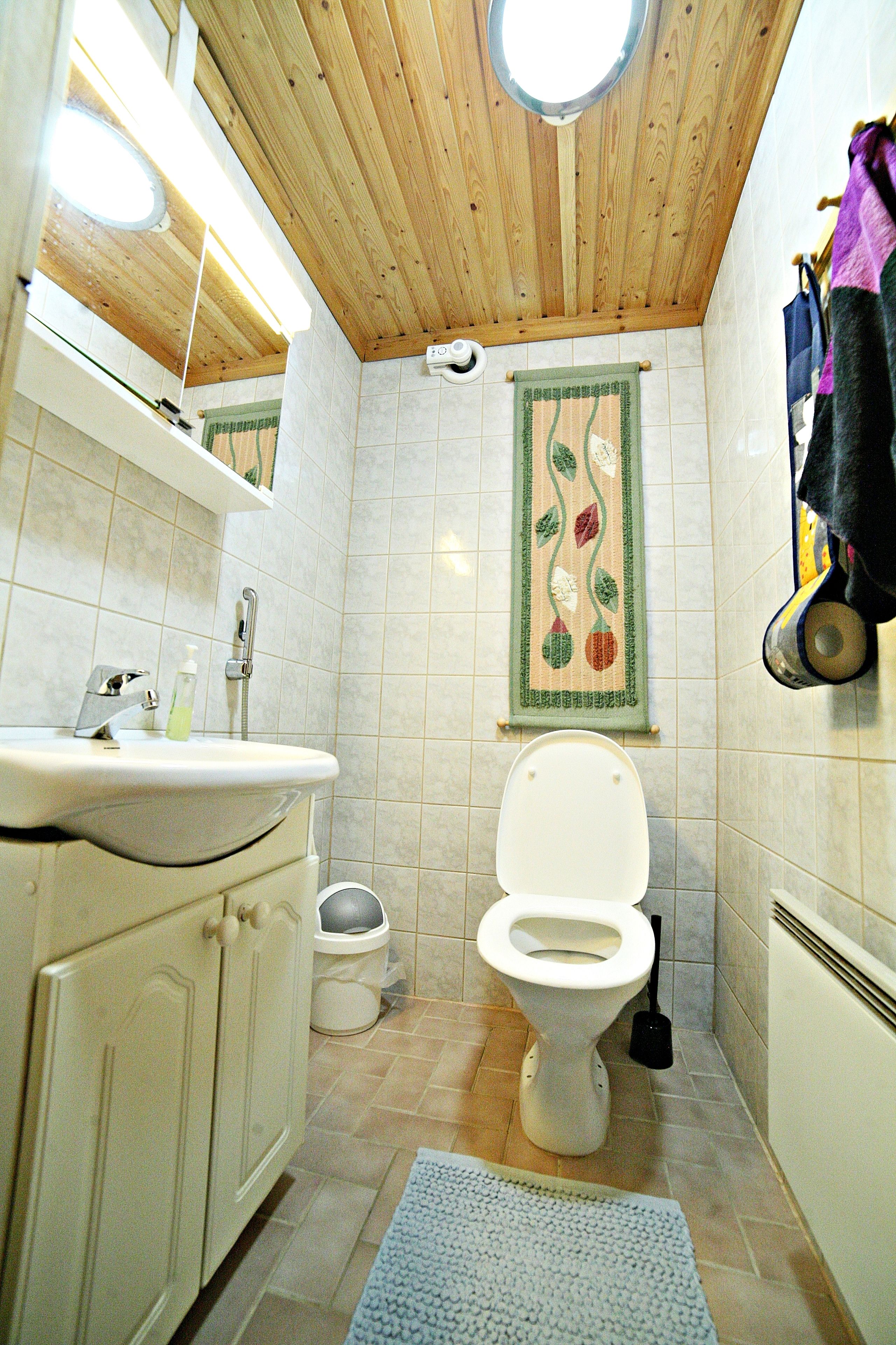 A bathroom with a wooden ceiling, a white toilet, a sink with a mirror, and a small rug on the floor.