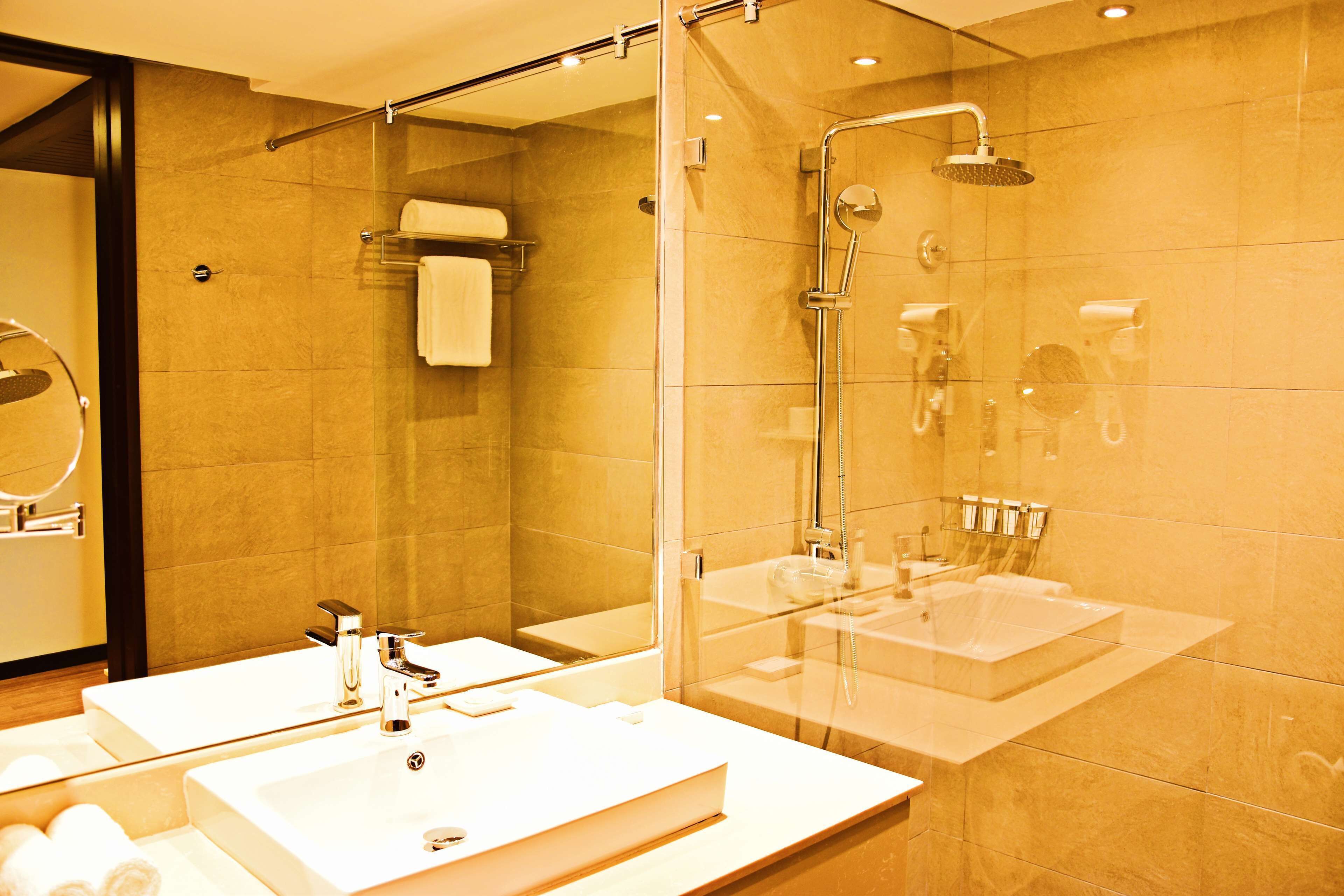 deluxe room, 1 king bed | bathroom | shower, rainfall showerhead, free toiletries, hair dryer
