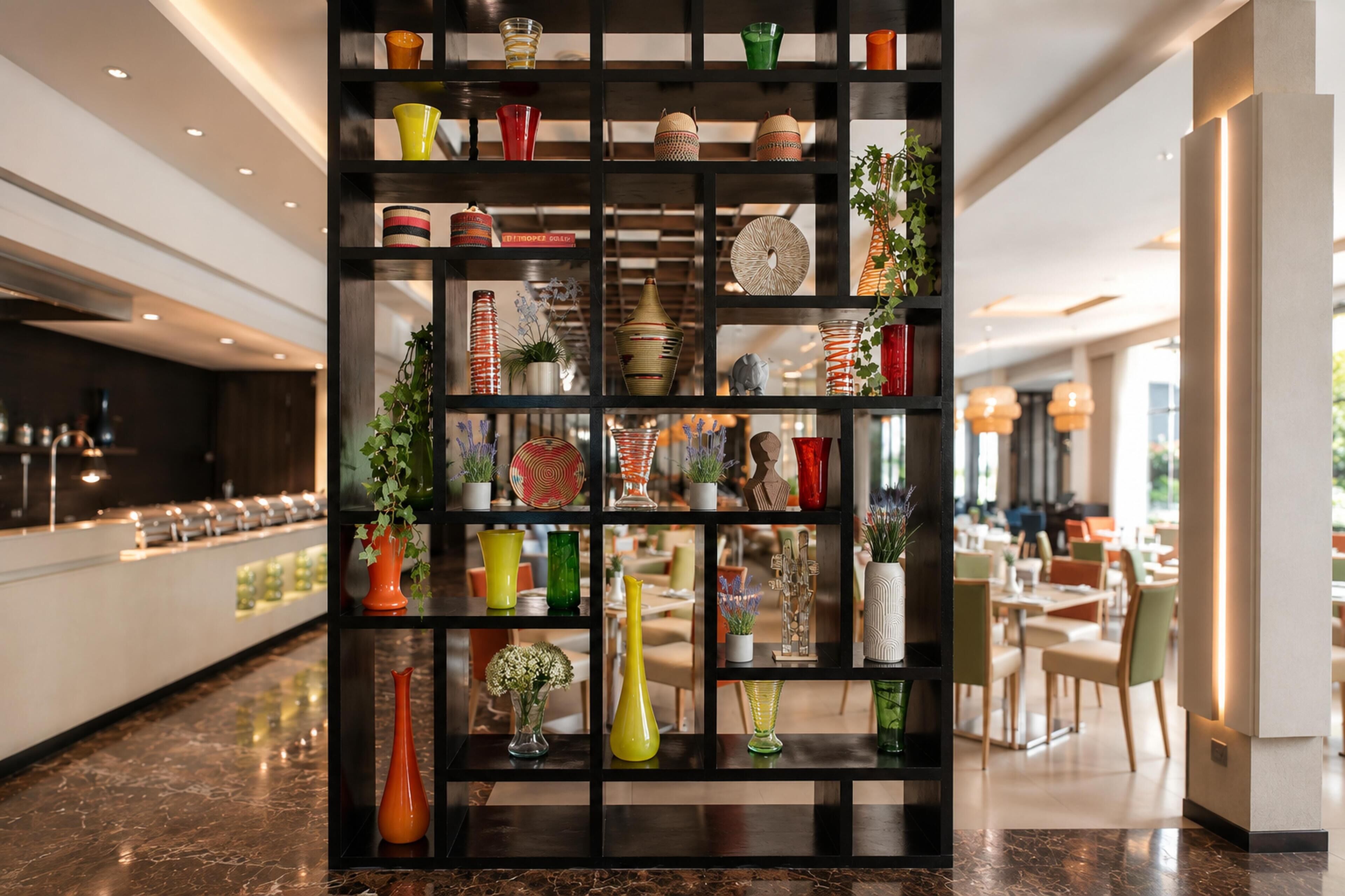 A modern interior with a black shelving unit displaying various decorative items.