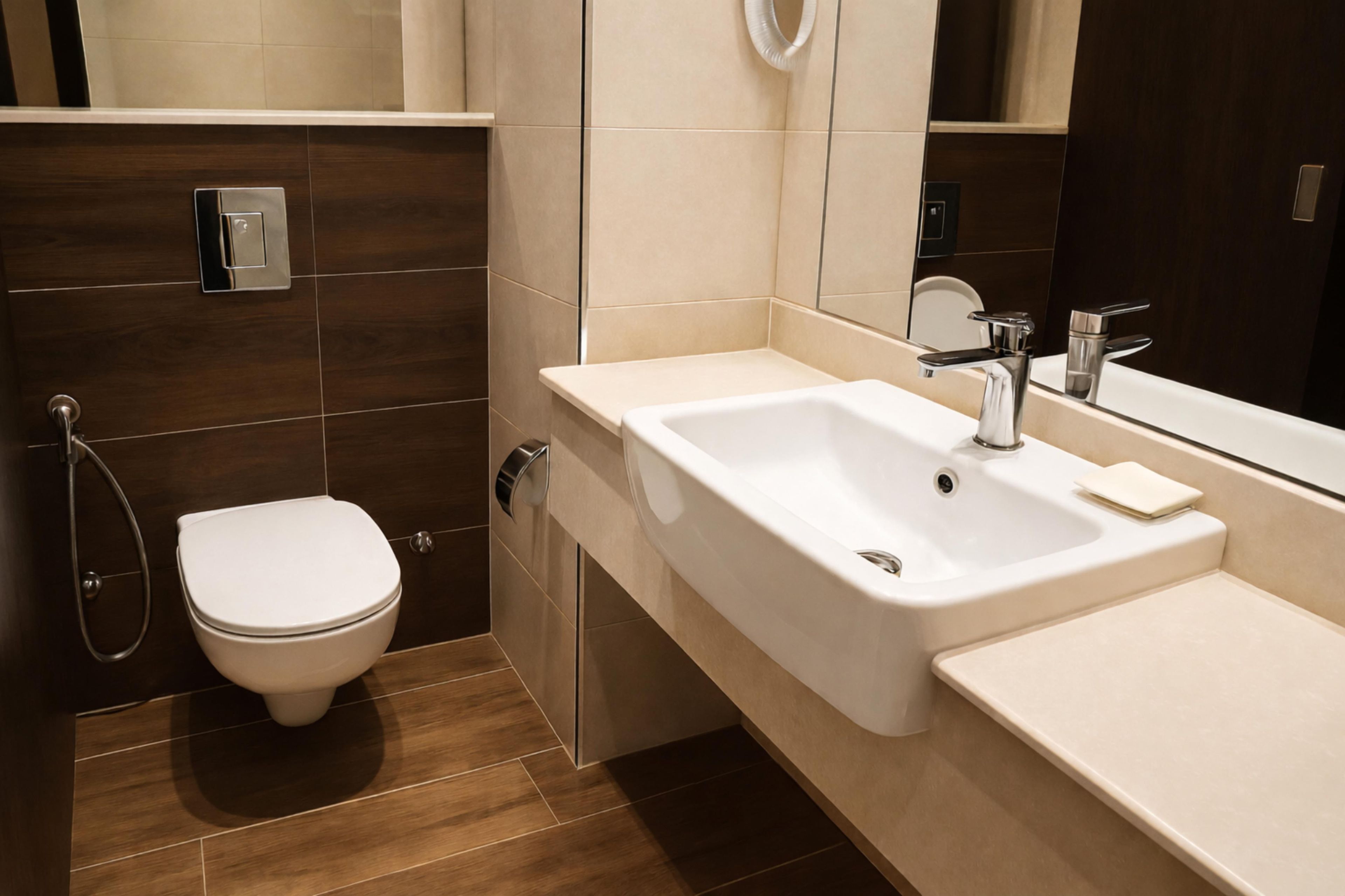 Une salle de bain moderne avec des toilettes blanches, un grand lavabo et un miroir.
