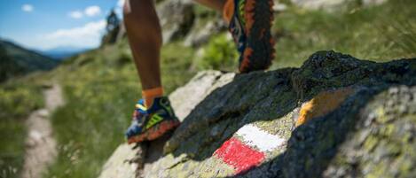 A person hiking on a rocky path with colorful shoes.