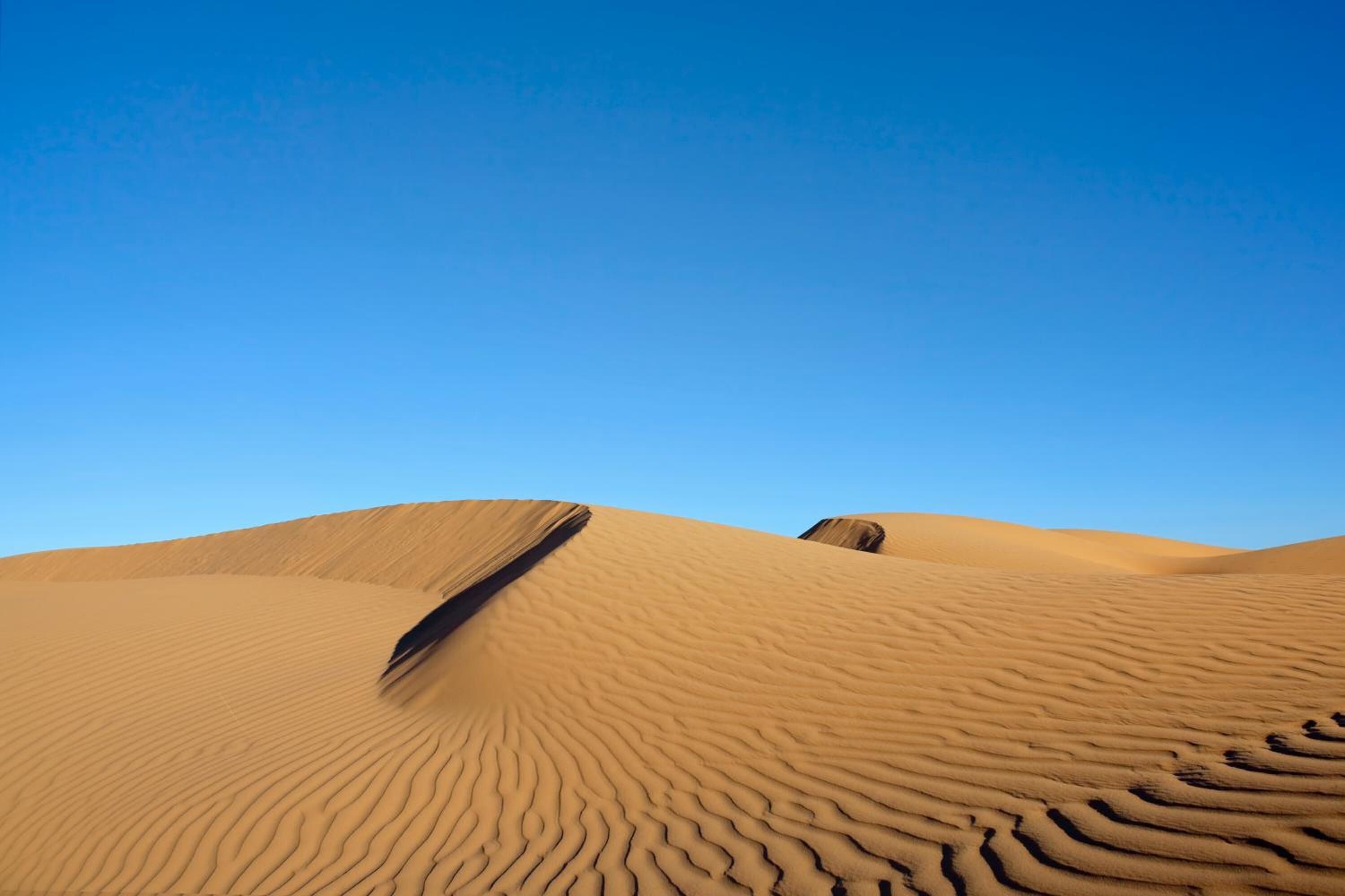 A desert landscape with sand dunes under a clear blue sky.