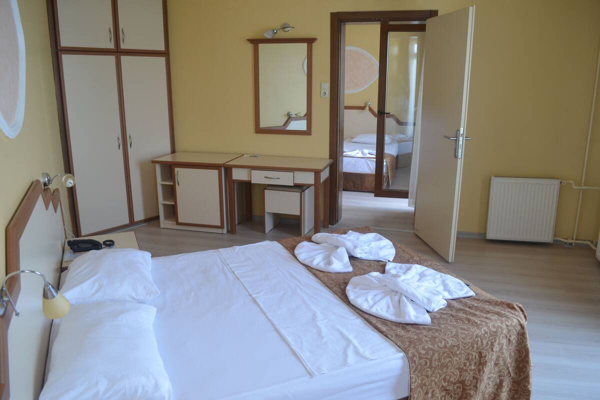 A hotel room with a bed, a desk, a chair, a wardrobe, and a mirror.