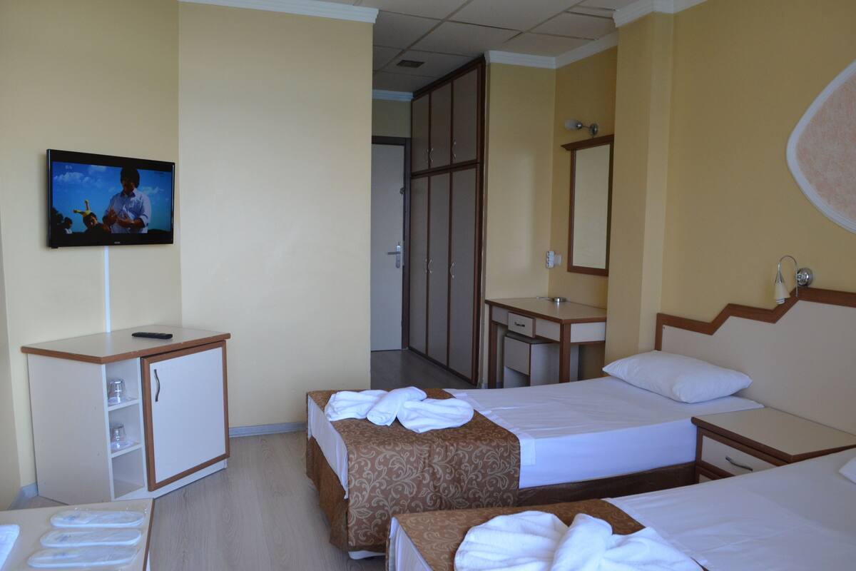 A hotel room with two beds, a television, a desk, and a wardrobe.
