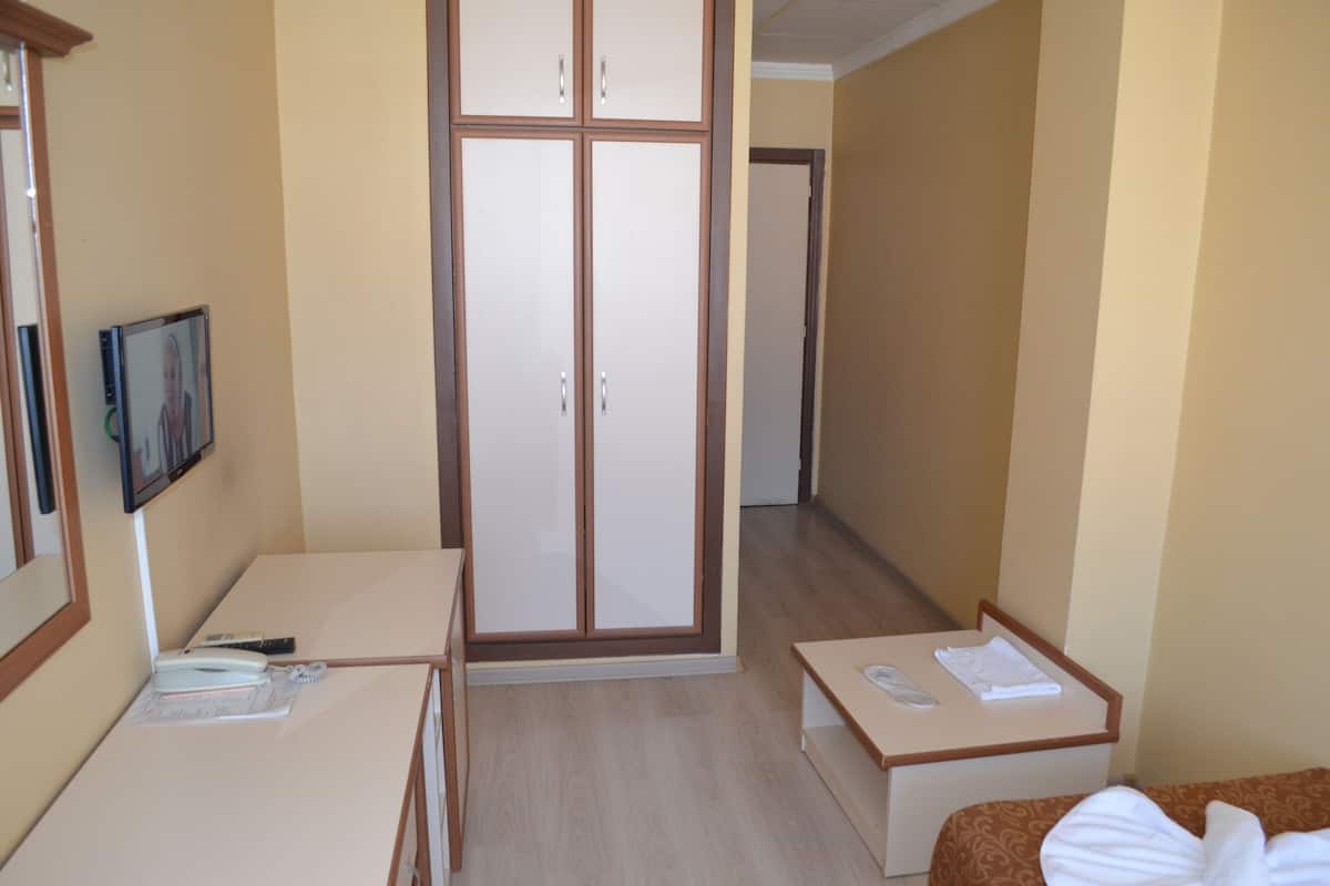 A hotel room with a wardrobe, a desk, a bed, and a television.
