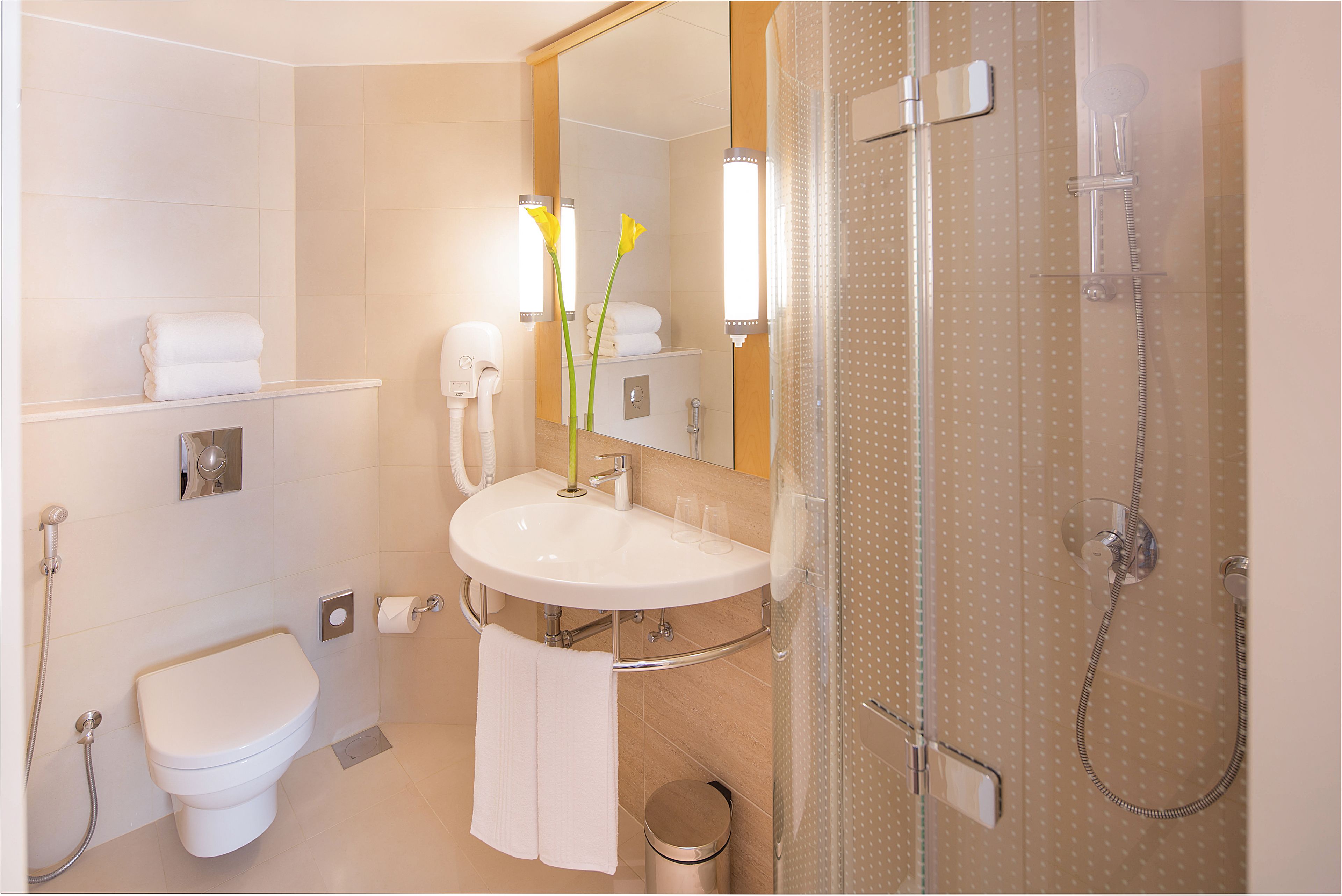 shower, eco-friendly toiletries, hair dryer, towels