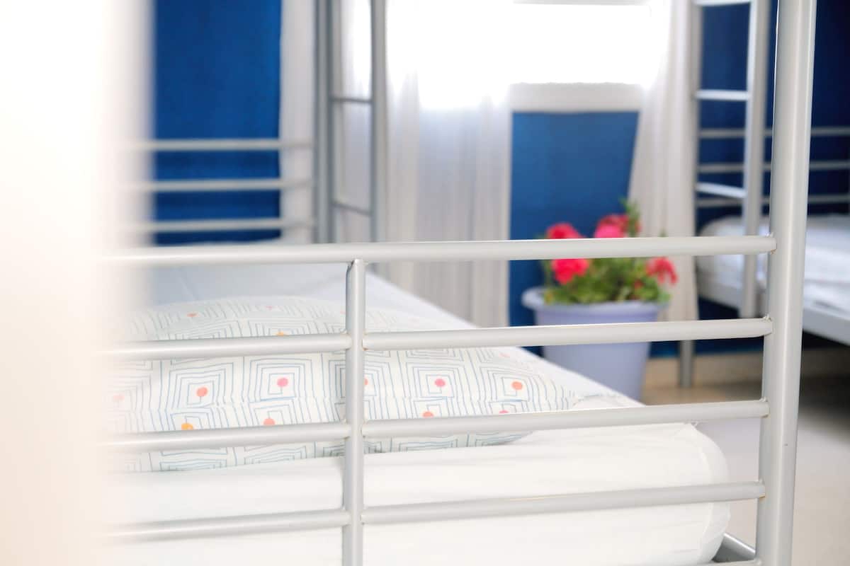 Uma cama beliche com colchão estampado, grades de metal brancas e um vaso com flores rosa em um quarto com paredes azuis.