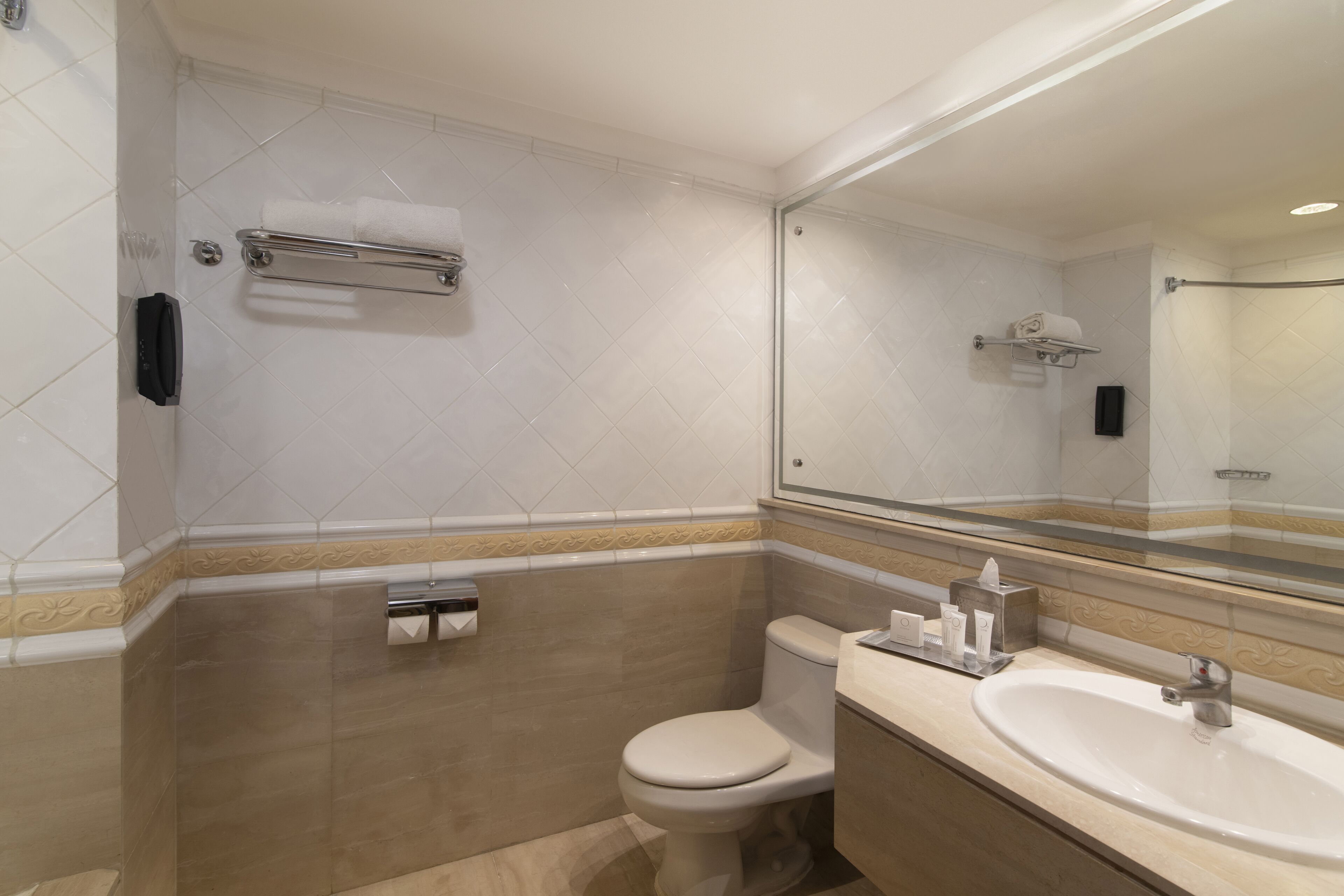 A bathroom with a toilet, sink, and a glass shower enclosure.