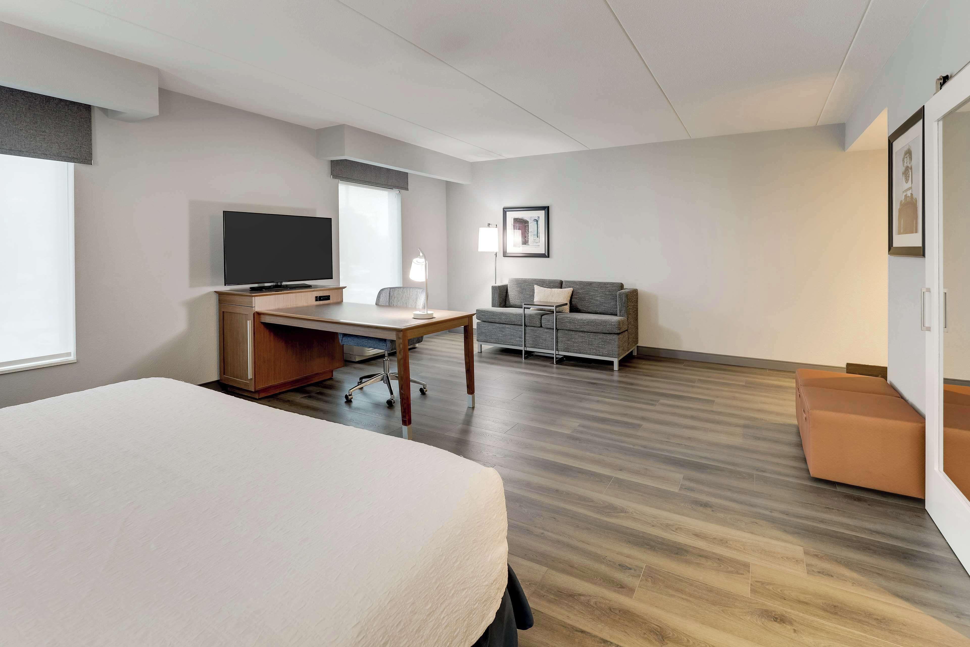 A hotel room with a bed, a desk, a television, a sofa, and a small table.