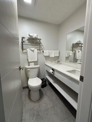 A modern bathroom with a toilet, a sink with a mirror, and towel racks. - Western Traveller Motel (Grand Forks)