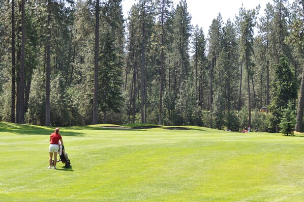 Un terrain de golf où une femme, vêtue d’un tee-shirt rouge et d’un short blanc, se prépare à effectuer un putt.