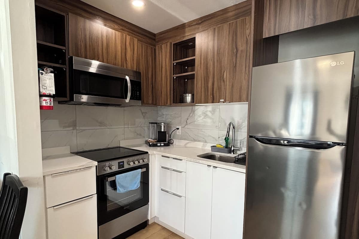 Deluxe Suite, 2 Queen Beds, Kitchen, Ground Floor | Private kitchen | Full-sized fridge, microwave, coffee/tea maker, electric kettle