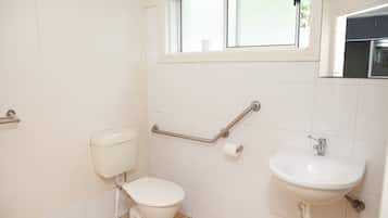 A bathroom with a toilet, a sink, and a window.