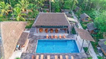 Outdoor pool, pool umbrellas, pool loungers