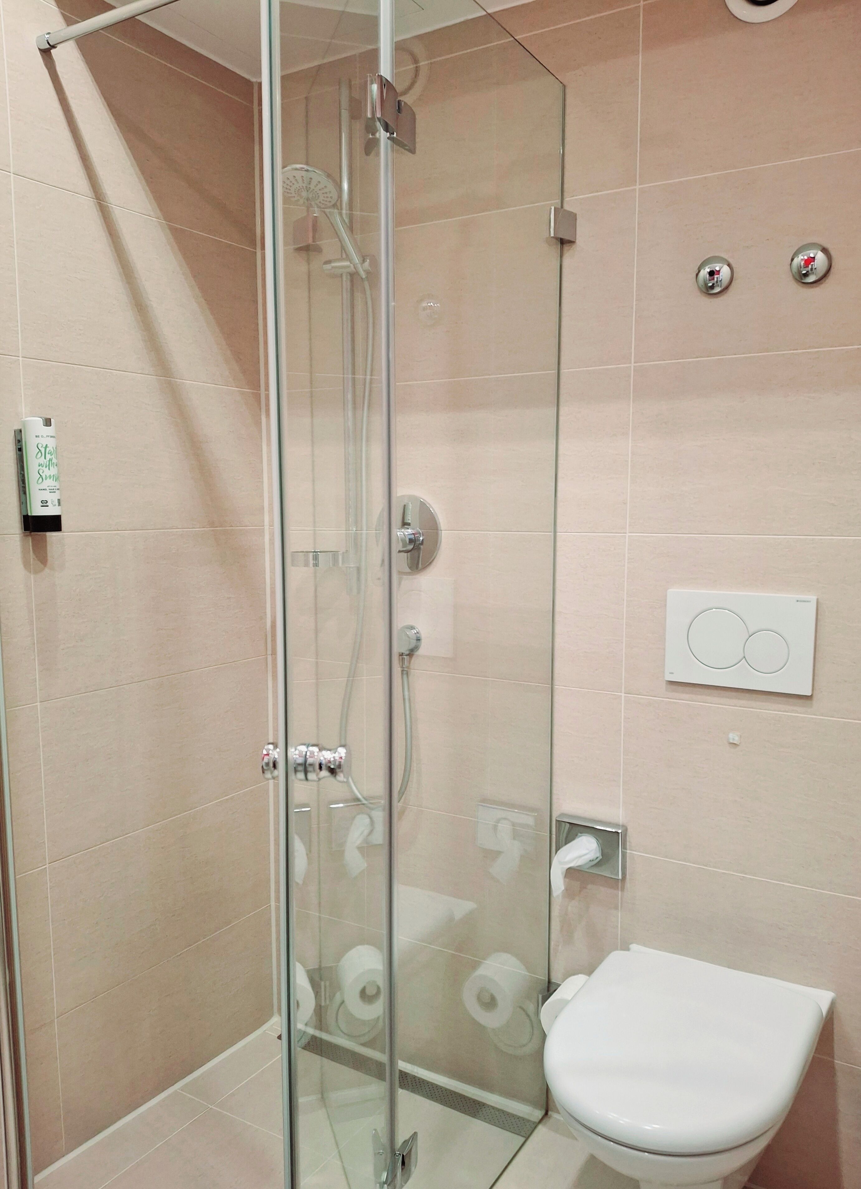 shower, free toiletries, hair dryer, towels