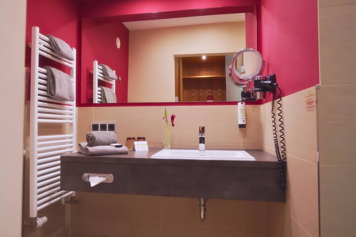 shower, free toiletries, hair dryer, towels