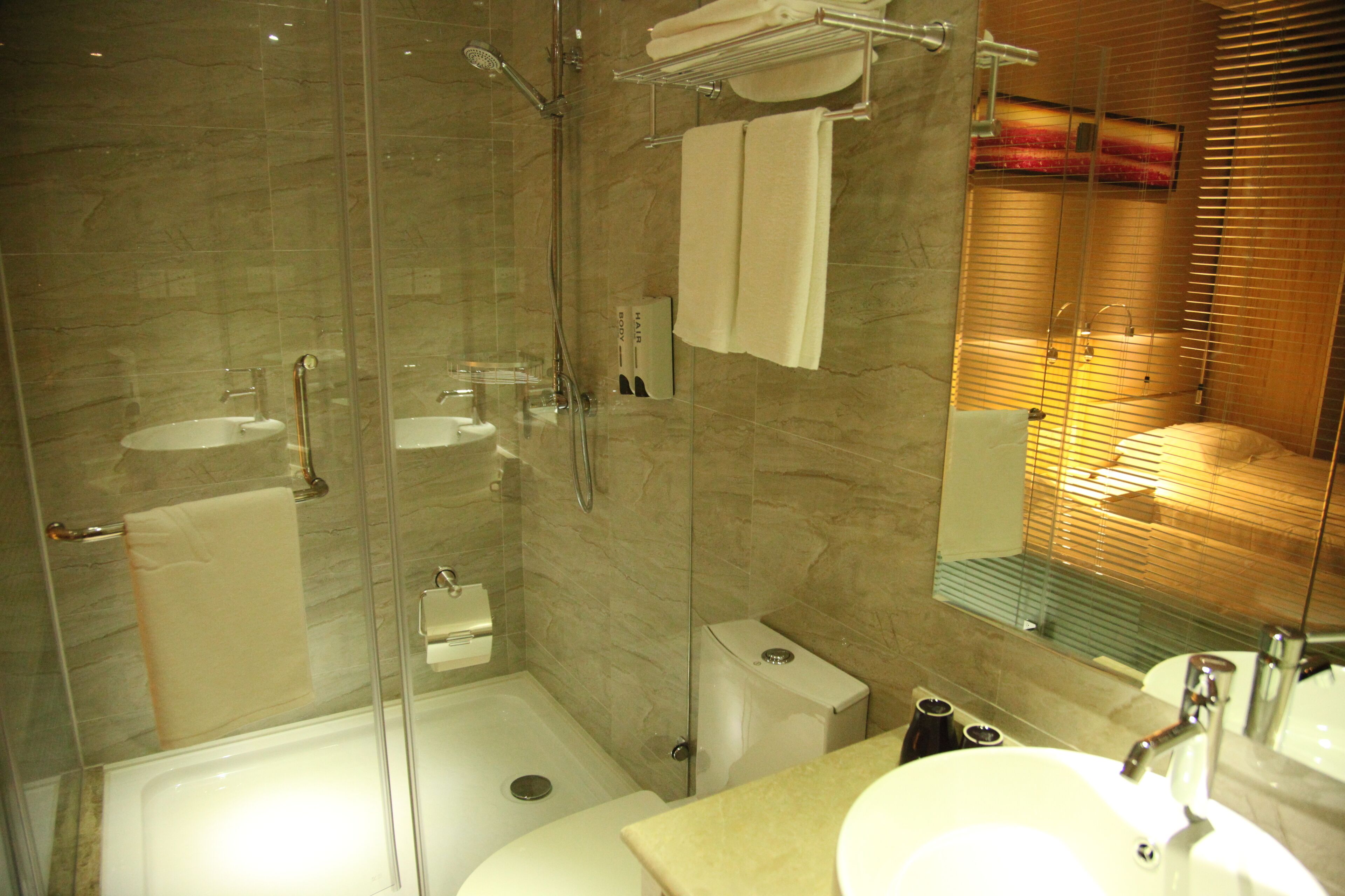 A modern bathroom with a glass-enclosed shower, a bathtub, a toilet, and a sink.