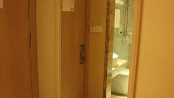 Een smalle gang die leidt naar een badkamer met een douche, toilet en een klein vloerkleed.