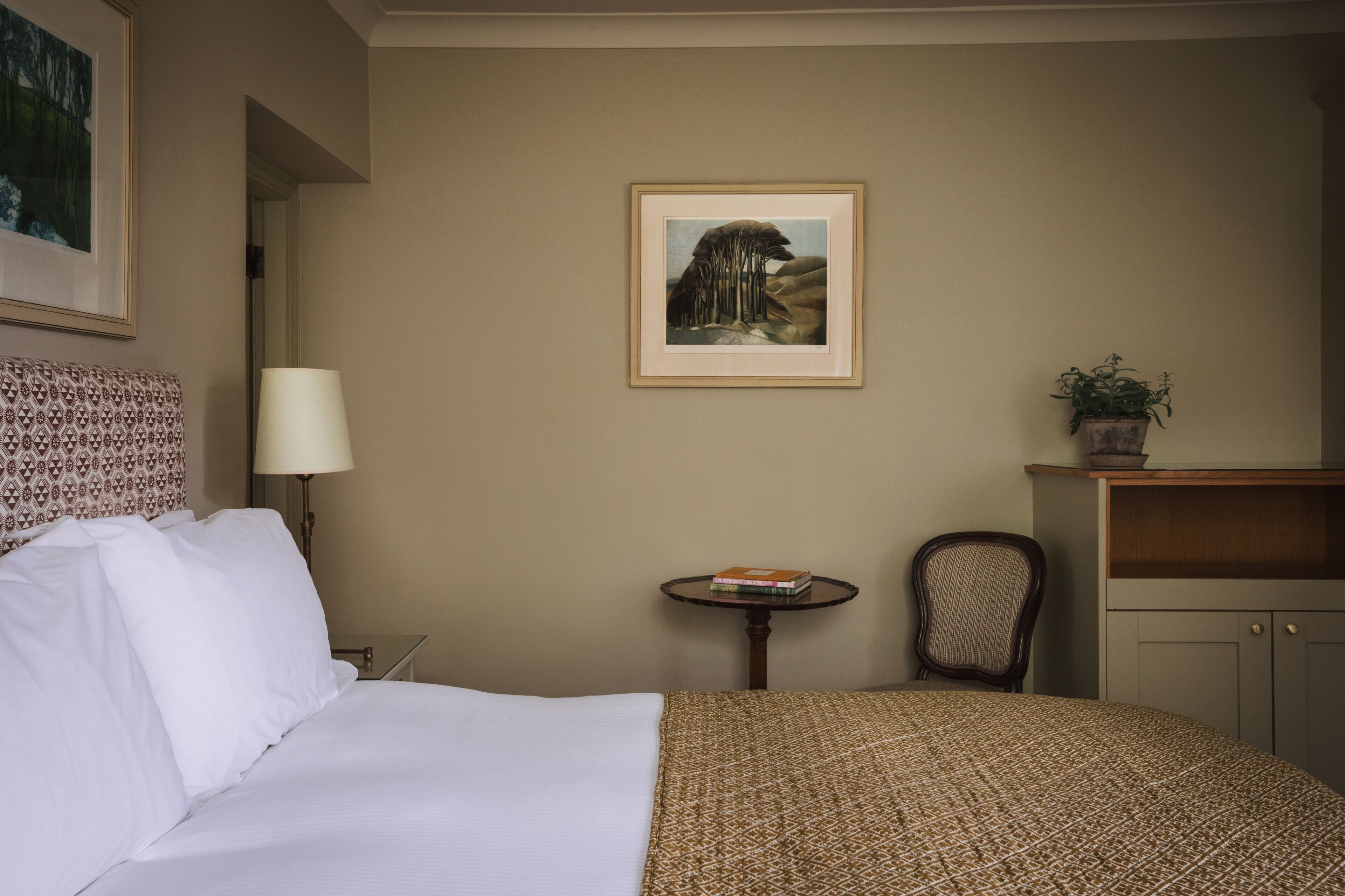 A hotel room with a bed, a small table with books, a chair, a lamp, a framed picture on the wall, and a potted plant.