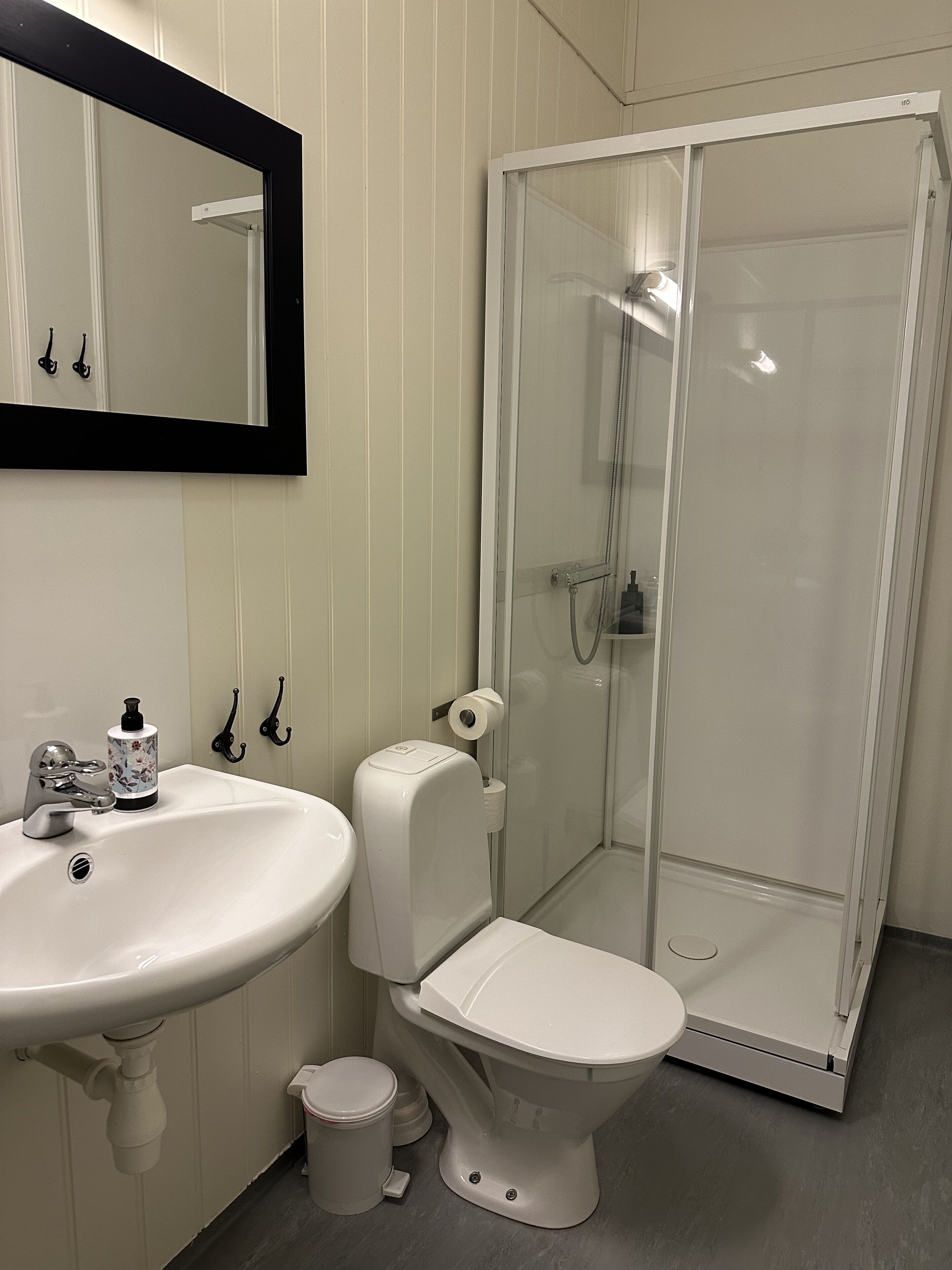 A bathroom with a white sink, toilet, and shower.