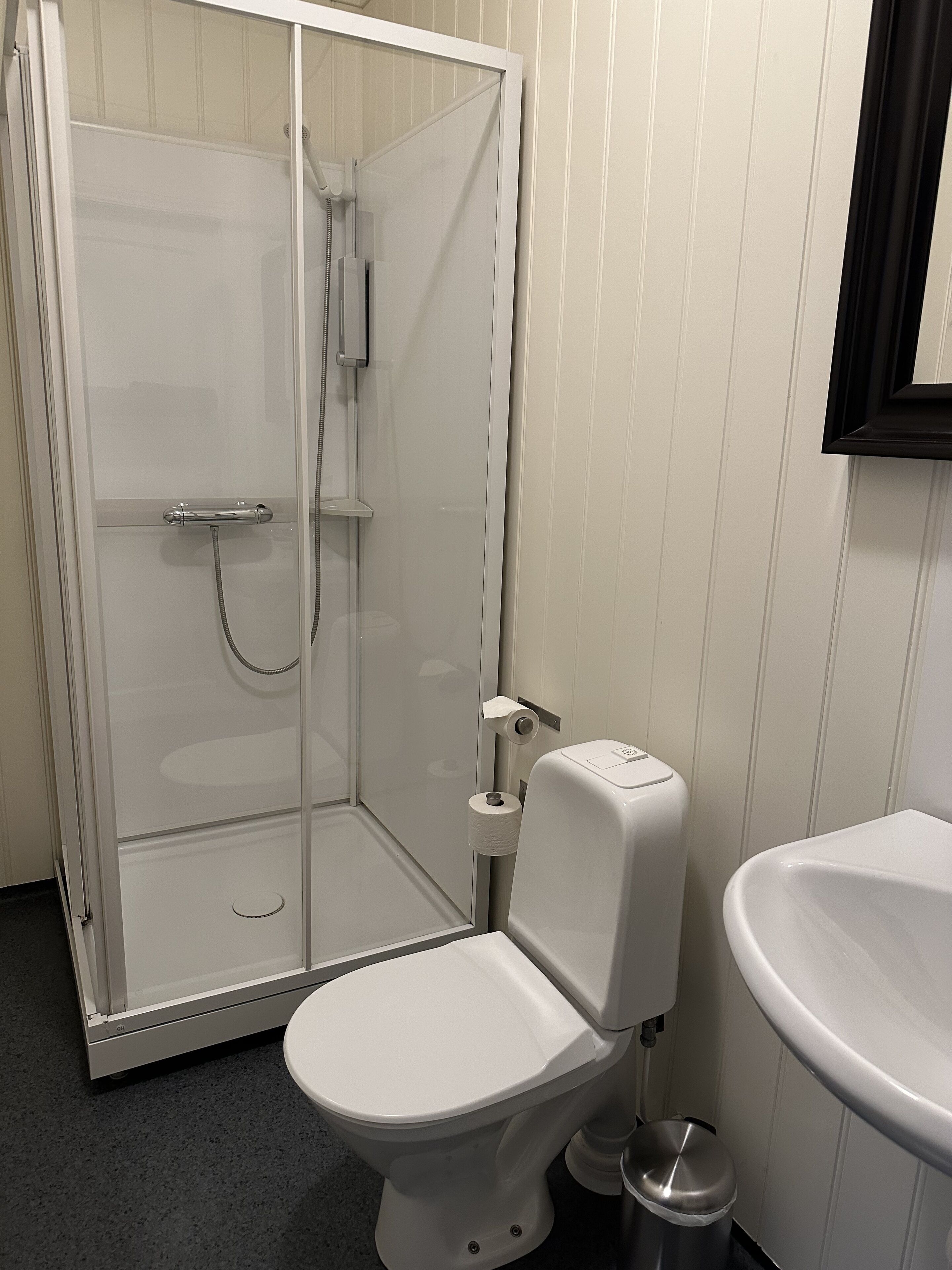 A bathroom with a glass-enclosed shower, a white toilet, and a sink.