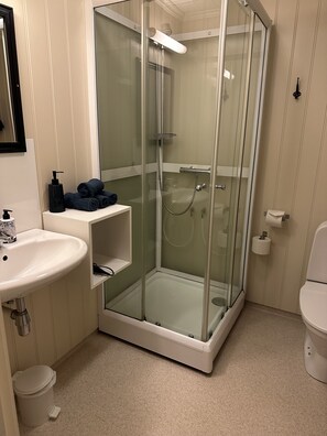 A bathroom with a glass-enclosed shower, a white sink, and a toilet. - Toldgaarden Gjestegaard (Larvik)