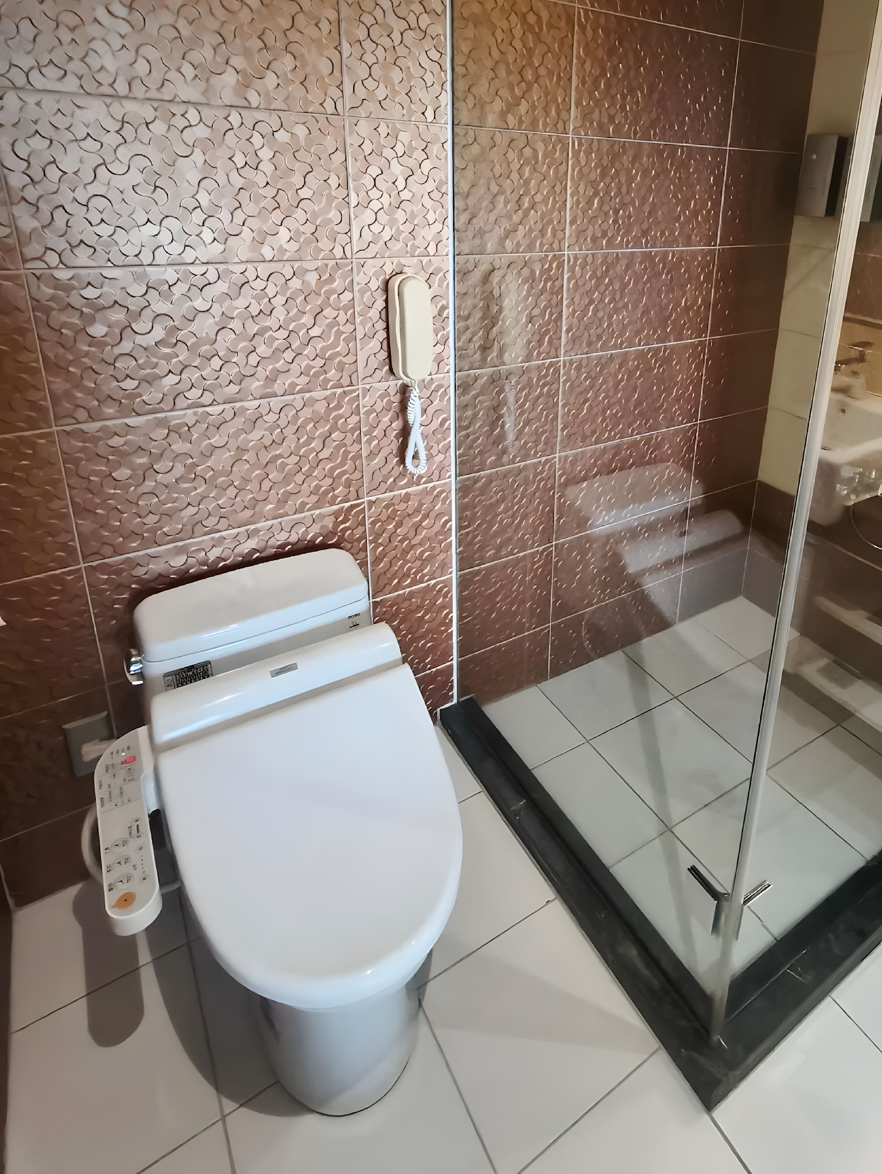 A modern bathroom with a toilet, a glass shower enclosure, and a patterned wall.