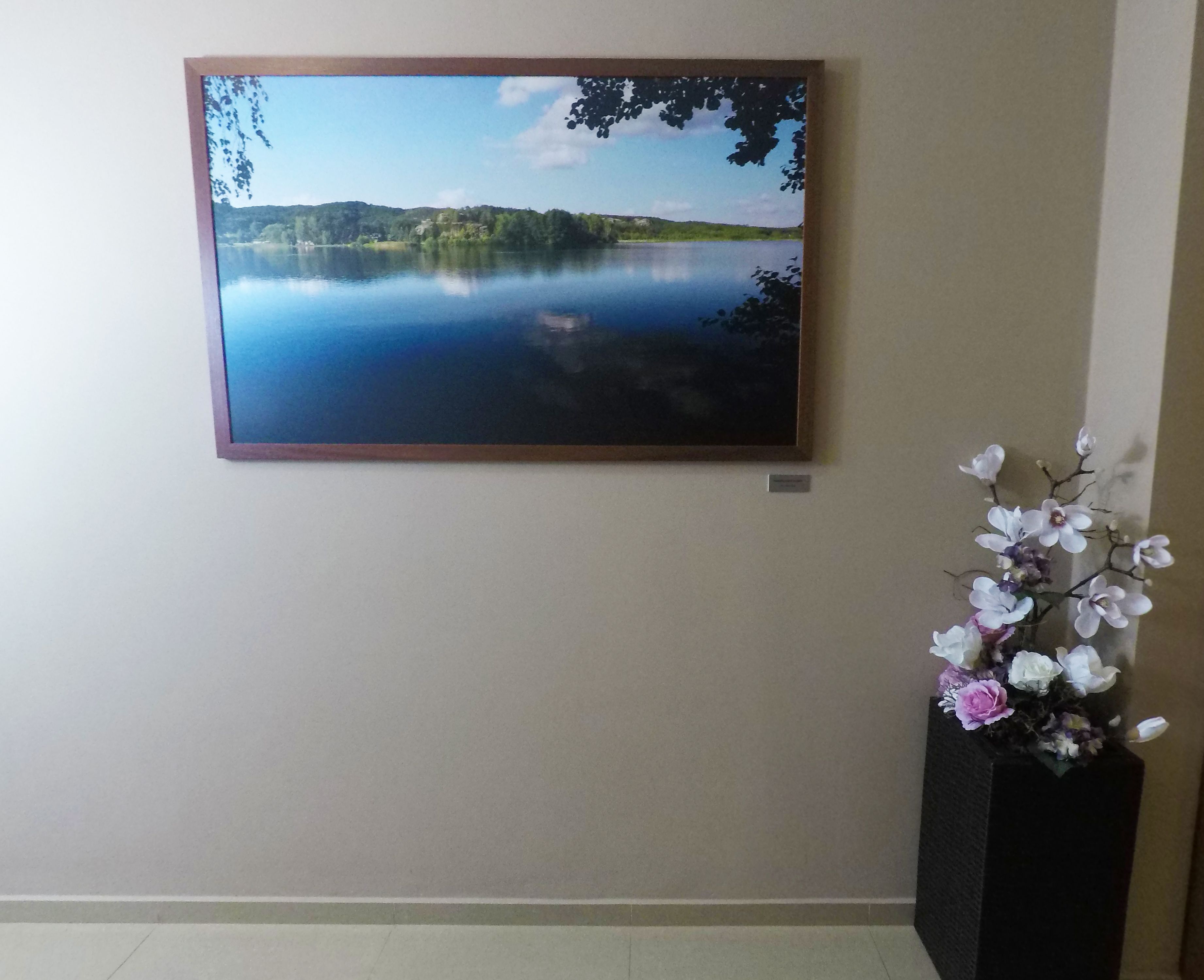 A framed landscape painting of a lake and trees on a wall, with a black vase of flowers to the right.