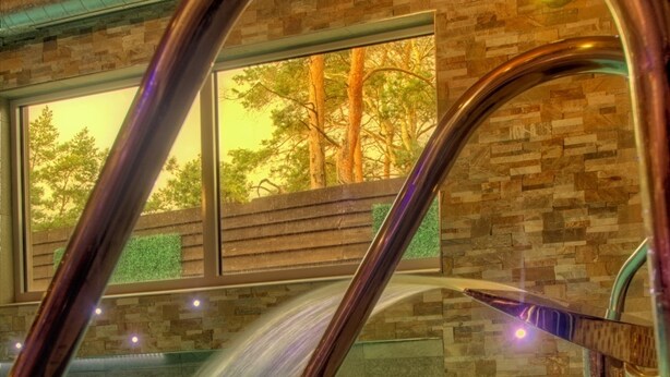 Un espace de bien-être doté d’un élément aquatique, de murs en pierre et offrant une vue sur les arbres.