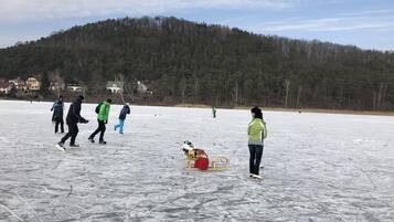 Un espace extérieur gelé où des personnes pratiquent des activités hivernales.