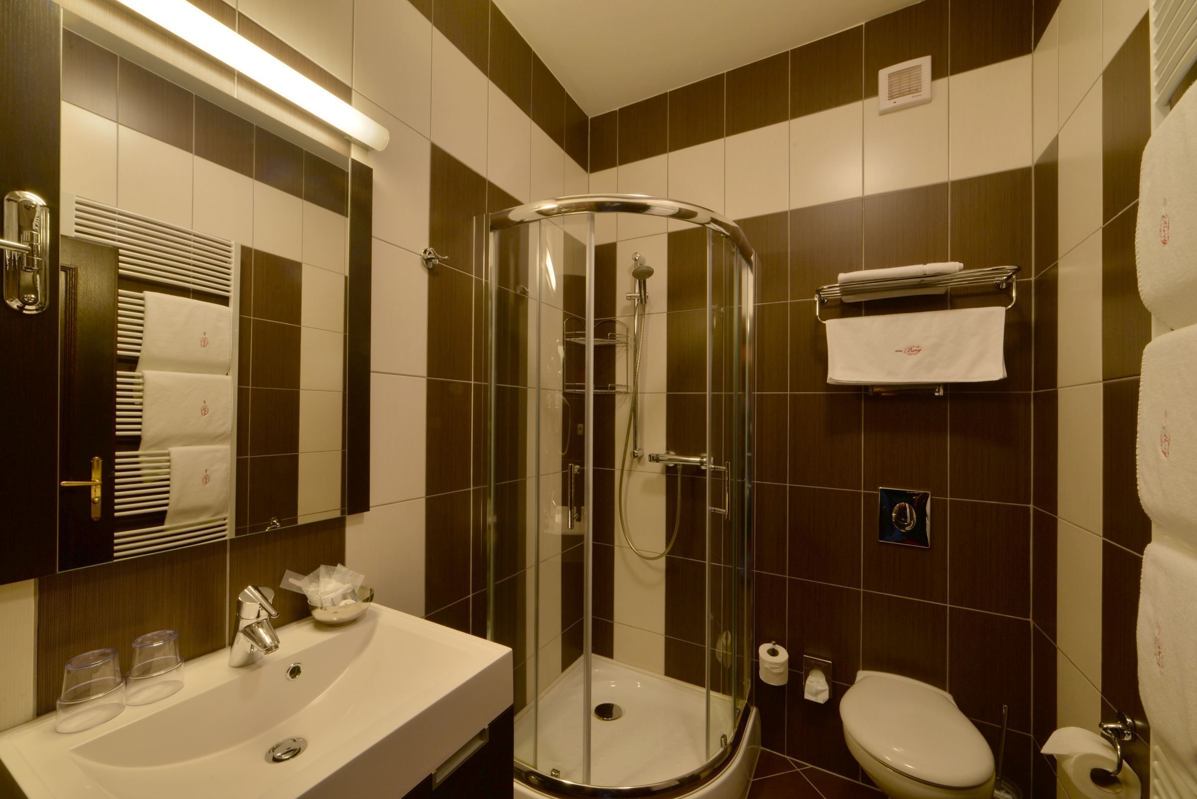 A modern bathroom with a glass-enclosed shower, a sink with a mirror, and a toilet.