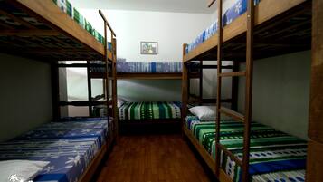 A dormitory room with bunk beds, wooden flooring, and a framed picture on the wall.