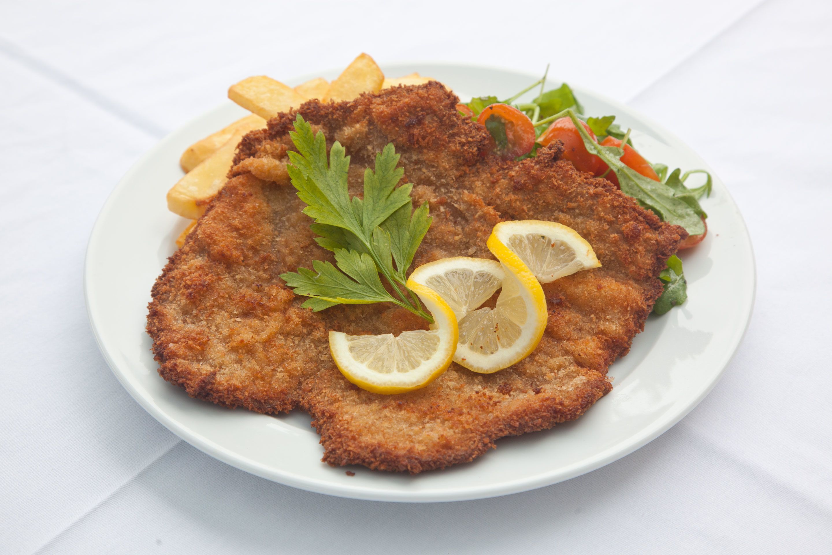 A plate of breaded cutlet with lemon slices and parsley, accompanied by fries and a side salad.