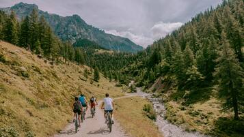 Un grupo de ciclistas en un sendero de montaña, con un río y colinas boscosas al fondo.