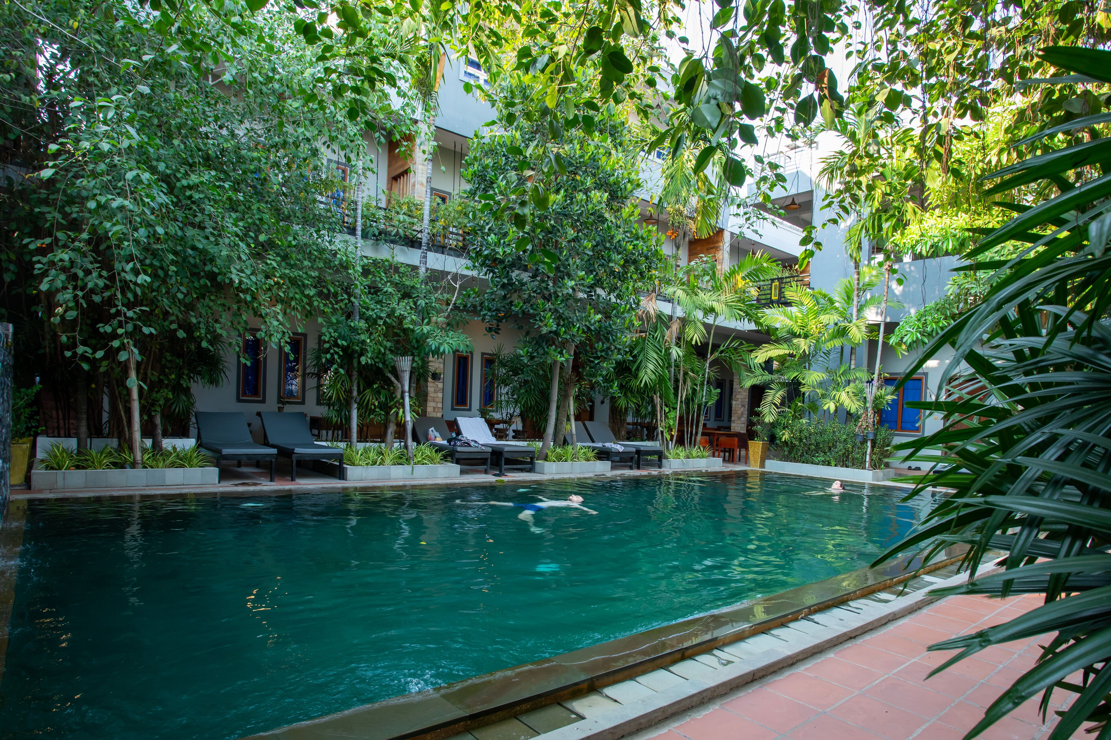 A swimming pool surrounded by lush greenery and modern buildings.