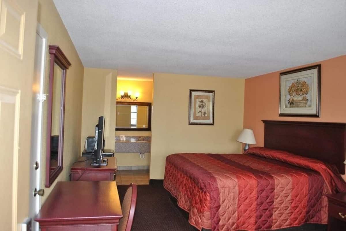 Quarto de hotel com cama, escrivaninha, cadeira, espelho, abajur e um quadro na parede.