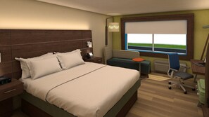 A hotel room with a large bed, a desk with a laptop, a chair, a small table, a window with a view of the countryside, and a bedside telephone. - Holiday Inn Express & Suites Alabaster by IHG (Alabaster)