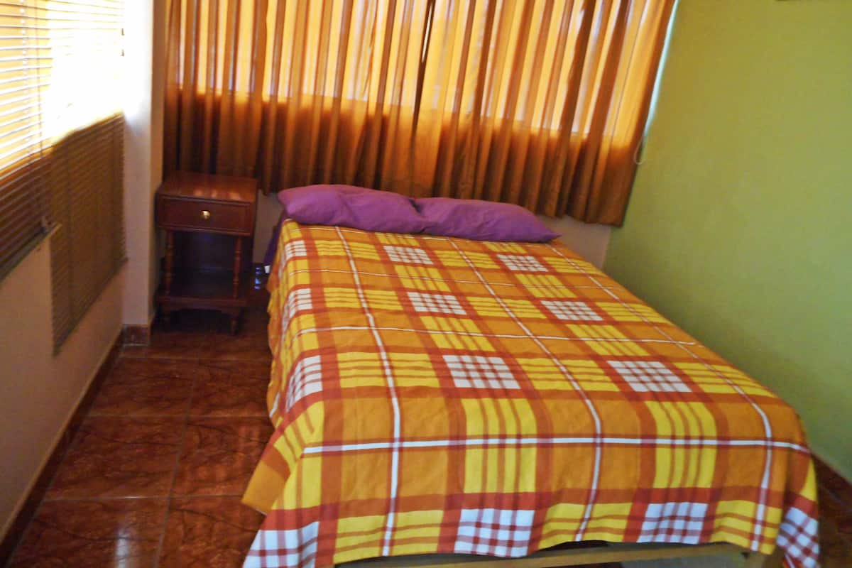 Una habitación pequeña y estrecha con una cama, una mesita de noche y un radiador.